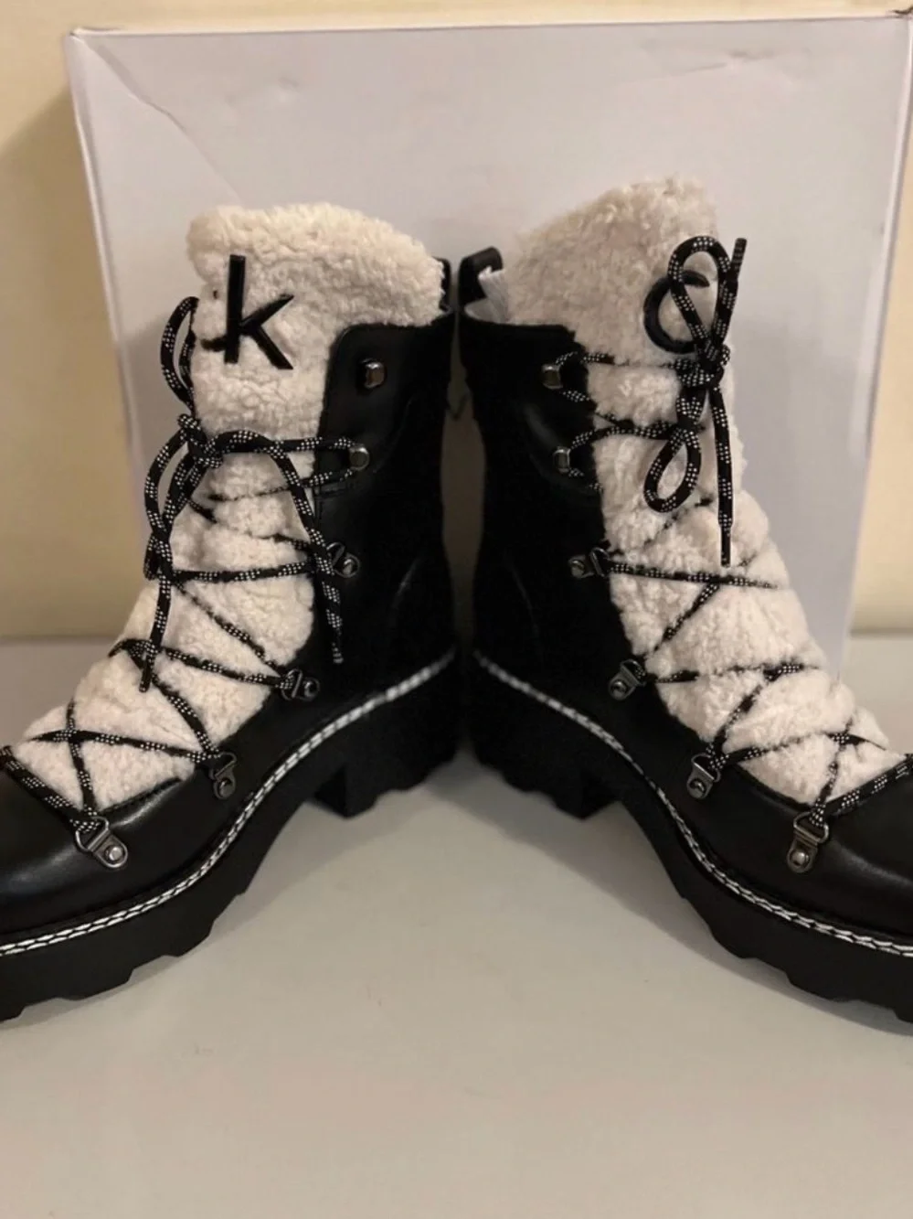 Calvin Klein Black Leather and White Sherpa Lace-Up Winter Boots